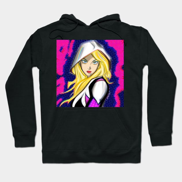 the blonde ghost in spider suit ecopop art in multi dimension wallpaper Hoodie by jorge_lebeau